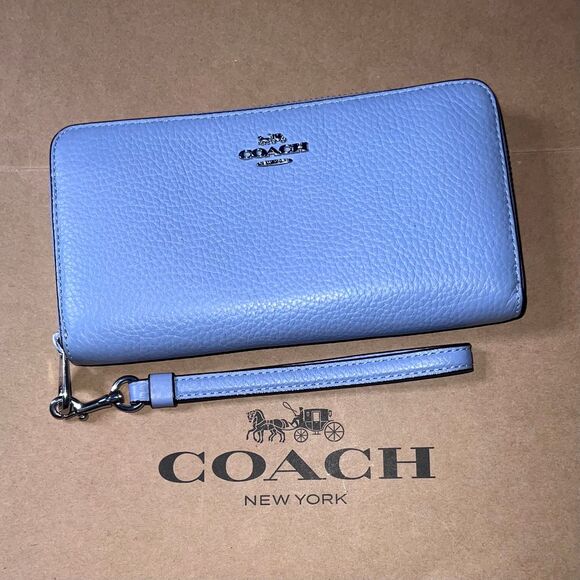 COACH Women's Blue Zip-Around Pebble Leather Wallet Credit Card Holder C4451 - Picture 1 of 6